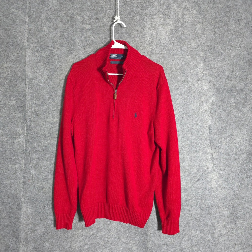 Polo Ralph Lauren Quarter Zip Sweater Mens L Red Cotton Knit Mock Neck Pullover